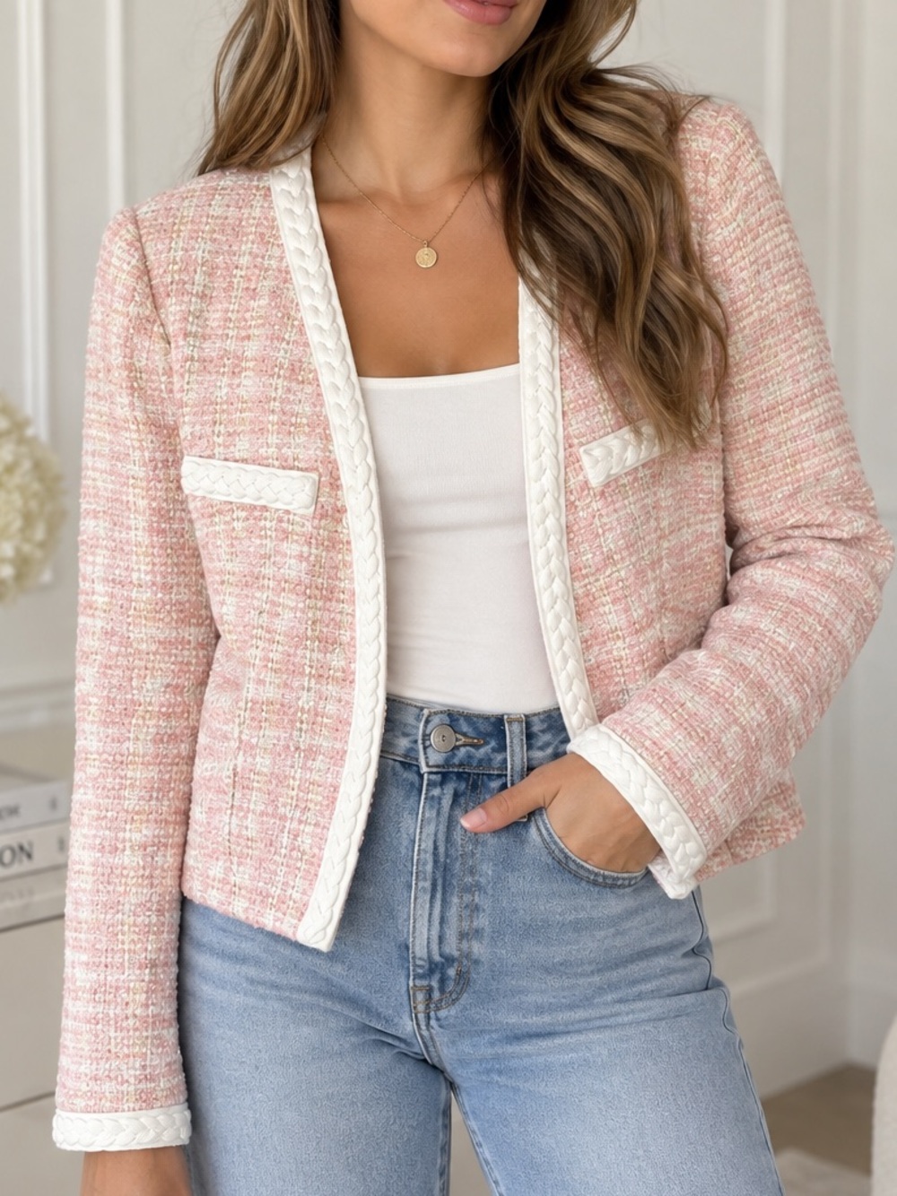 🎀 GUESS Pink Bouclé Tweed Jacket – Size Small – NWT